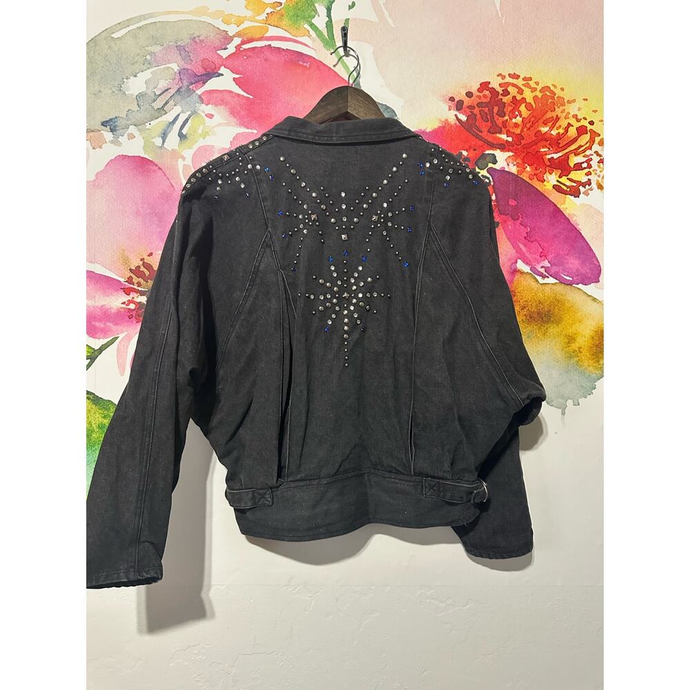 Vintage Lillie Rubin Women Black Studded Rhinestone Cropped Jean Jacket 70s 80s - Picture 4 of 5